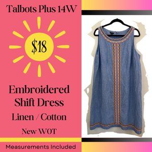 NWOT Talbots Plus 14W Linen/Cotton Embroidered Shift Dress